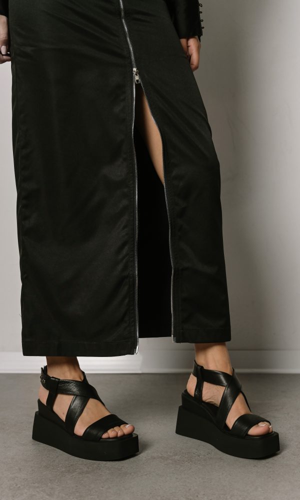 Μαύρα Δερμάτινα Flatforms Με Χιαστή Λουράκια