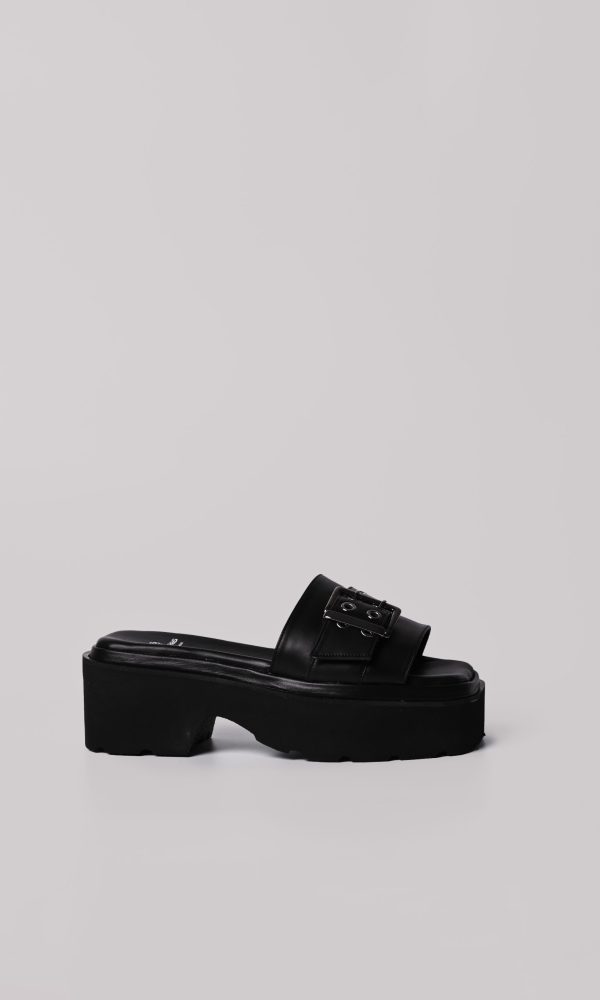 Μαύρες Δερμάτινες Flatforms Παντόφλες