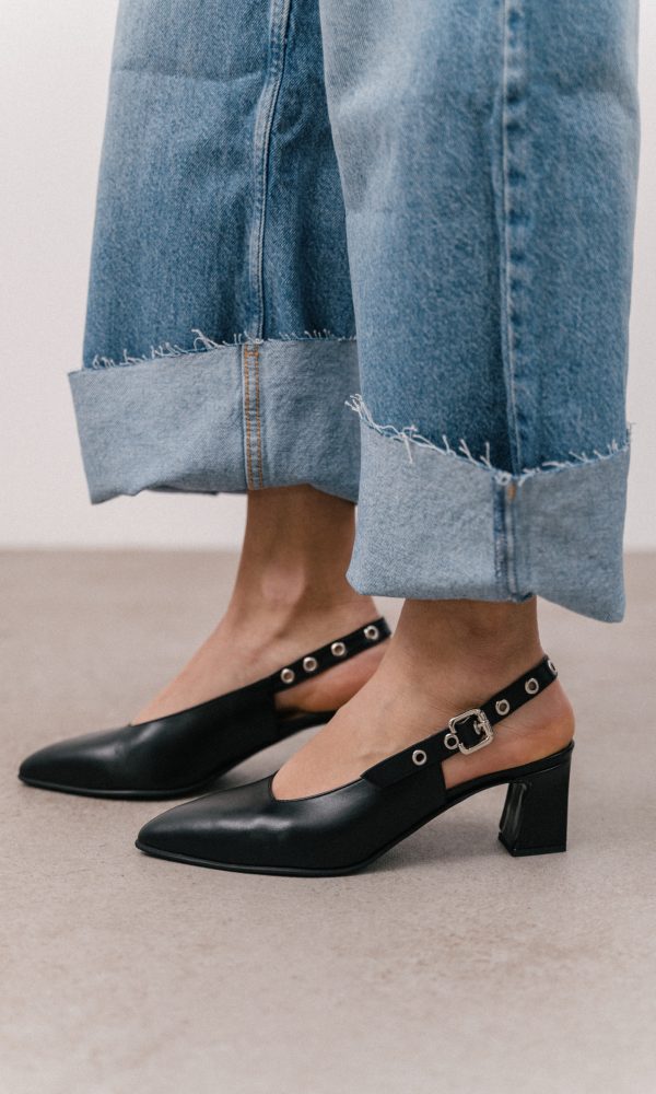 Μαύρες Δερμάτινες Slingback Γόβες
