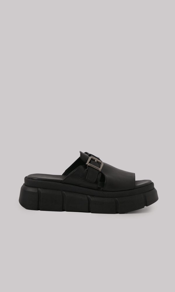 Μαύρες Δερμάτινες Flatform Παντόφλες