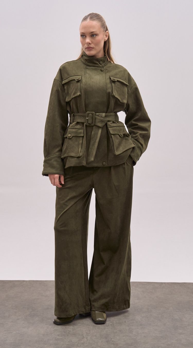 Λαδί Suede Σετ Mε Cargo Jacket Kαι Wide Leg Παντελόνα