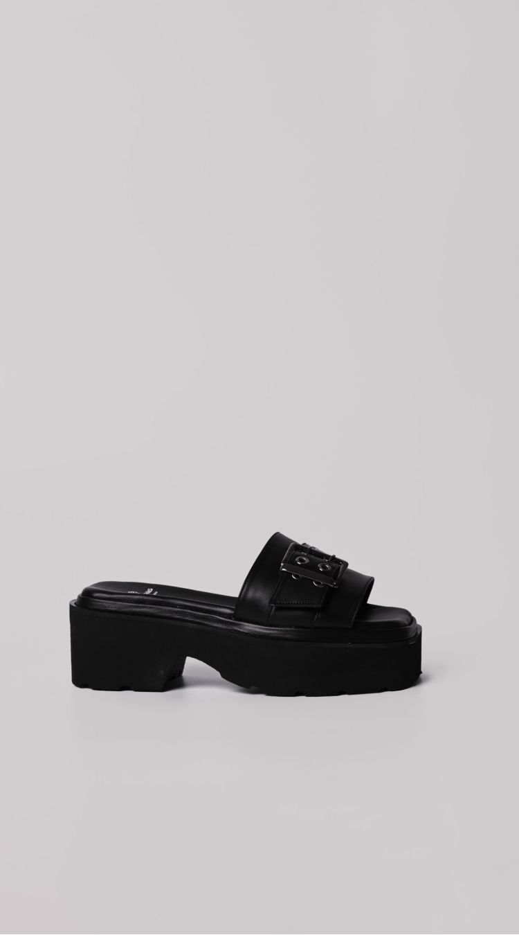 Μαύρες Δερμάτινες Flatforms Παντόφλες