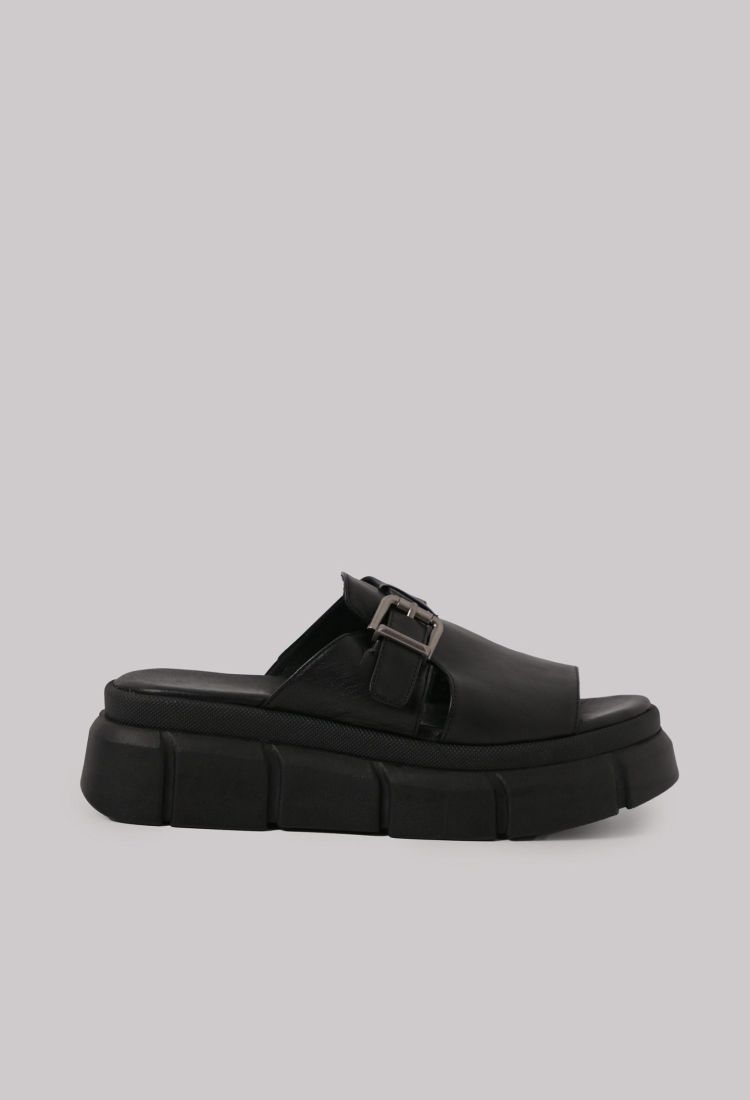 Μαύρες Δερμάτινες Flatform Παντόφλες