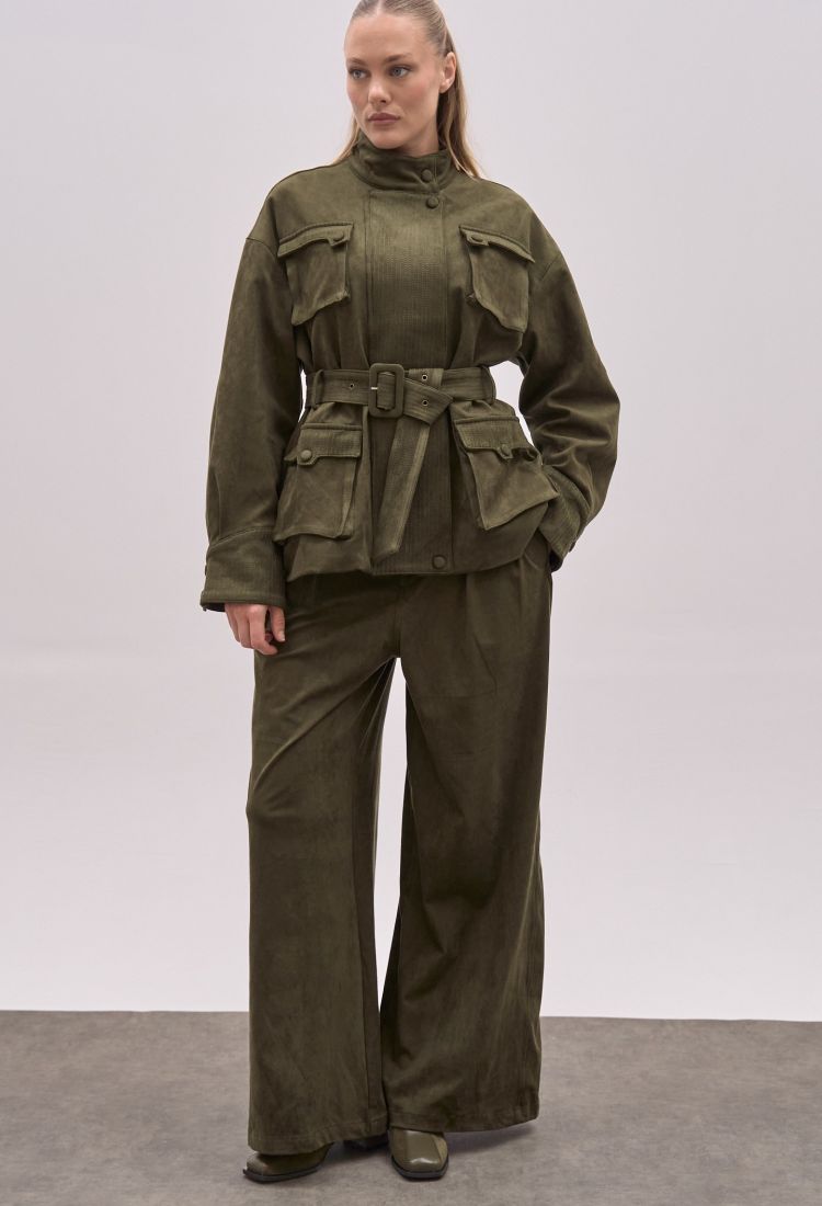 Λαδί Suede Σετ Mε Cargo Jacket Kαι Wide Leg Παντελόνα