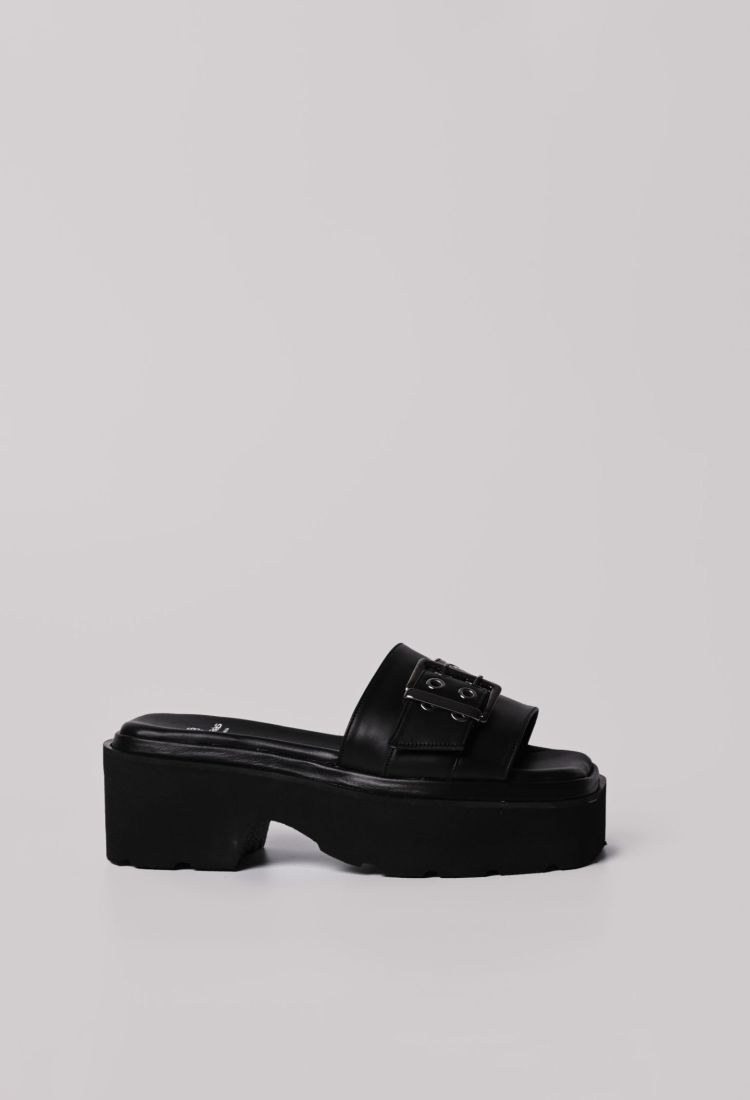 Μαύρες Δερμάτινες Flatforms Παντόφλες